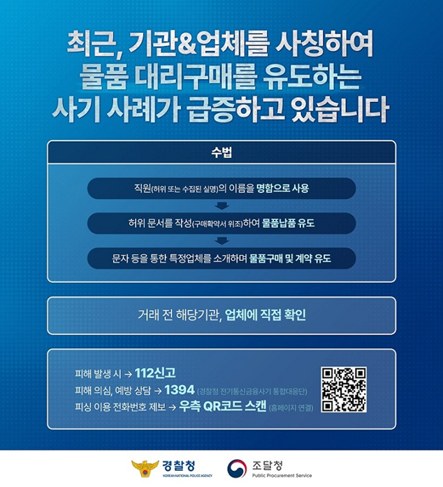 최근 기관&업체를 사칭하여 물품 대리구매를 유도하는 사기 사례가 급증하고 있습니다 수법 직원(허위 또는 수집된 실명)의 이름을 명합으로 사용 허위 문서를 작성(구매확약서 위조)하여 물품납품 유도 문자 등을 통한 특정업체를 소개하며 물품구매 및 계약 유도 거래 전 해당기관, 업체에 직접 확인 피해 발생시 112신고 피해 의심, 예방 상담 1394(경찰청 전기통신금융사기 통합대응단) 피싱 이용 전환번호 제보 우측 QR코드 스캔(홈페이지 연결) 경찰청 조달청